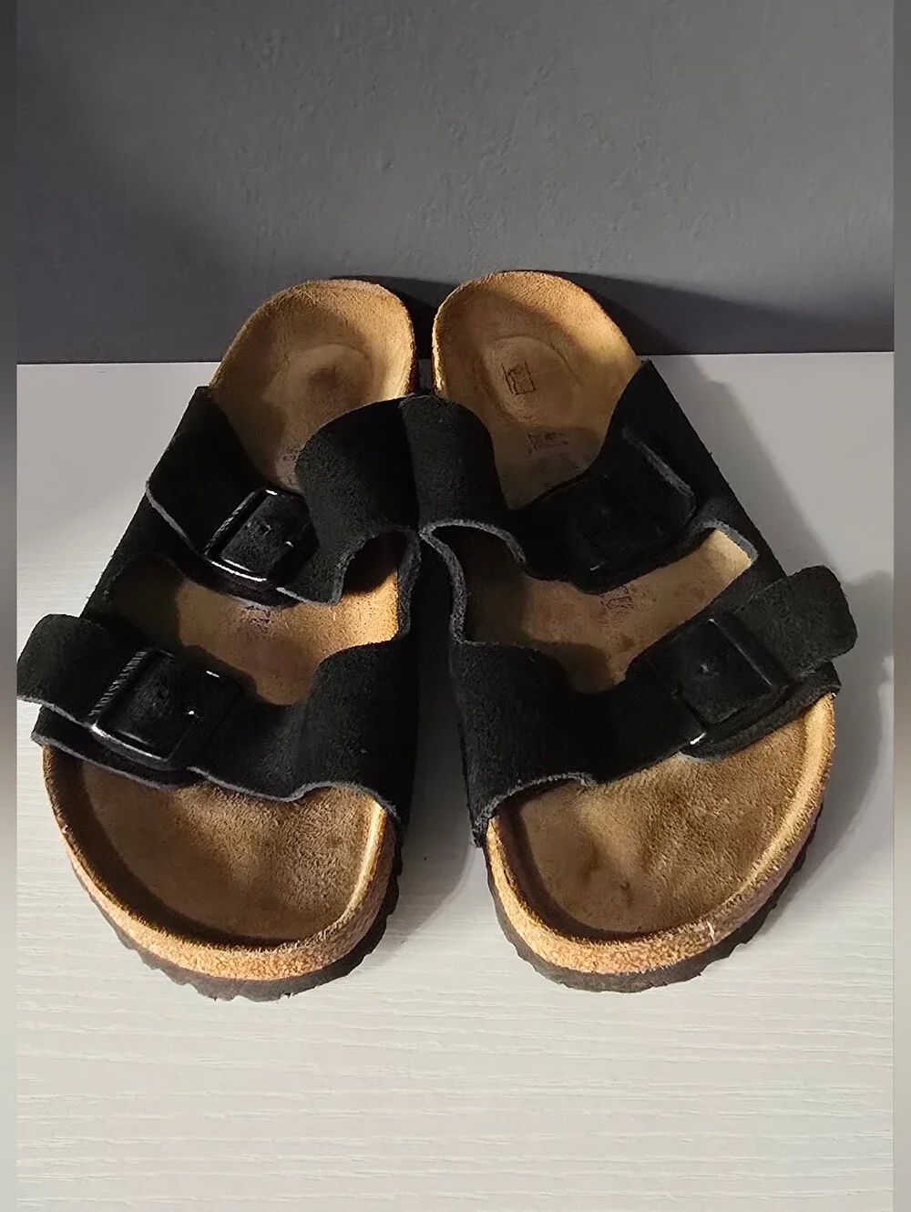 Birkenstock Men's Black Suede Two-Strap Cork Footbed Sandals